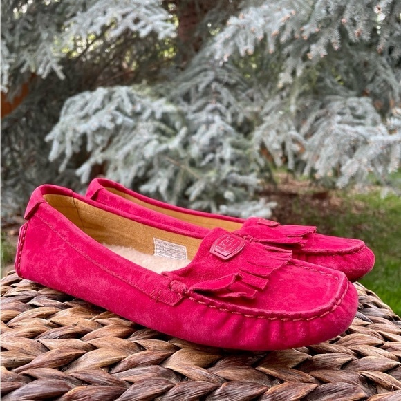 NEW Ugg Red Suede Leather Sheepskin Lined Hard sole Oydssa Driving Moccasins - Picture 5 of 9
